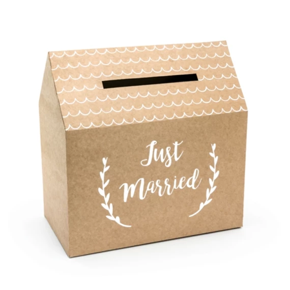 Ajándékdoboz "Just married" felirattal papír 30x30,5x16,5cm barna
