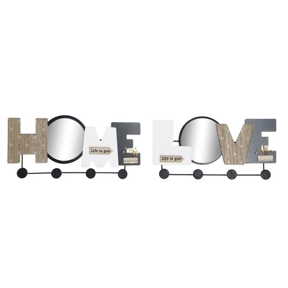 Akasztó falra "Home" és "Love" felirattal, tükörrel 45x5x21 cm 2 féle