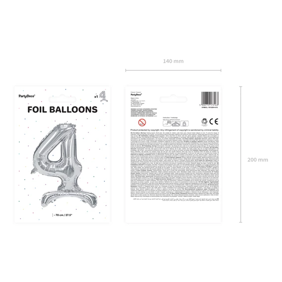 Álló lufi 4-es szám fólia 70 cm ezüst