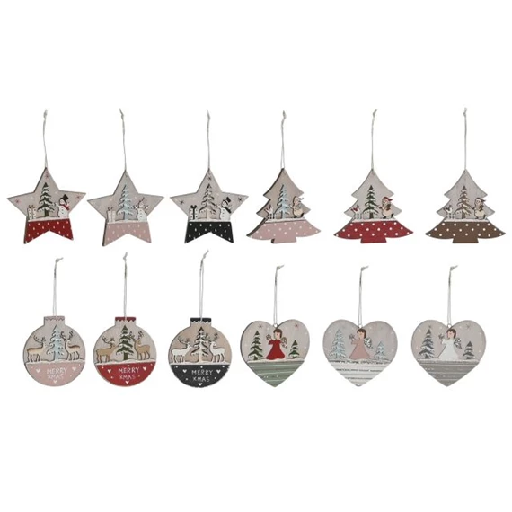 Dekoráció szett, akasztós fenyőfa, csillag, szív 23x1,5x9 cm 4 féle S/6