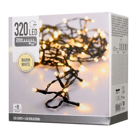 Fényfüzér adapterrel, 8 programmal, 320 LED-es, kültéri-beltéri 24 m
