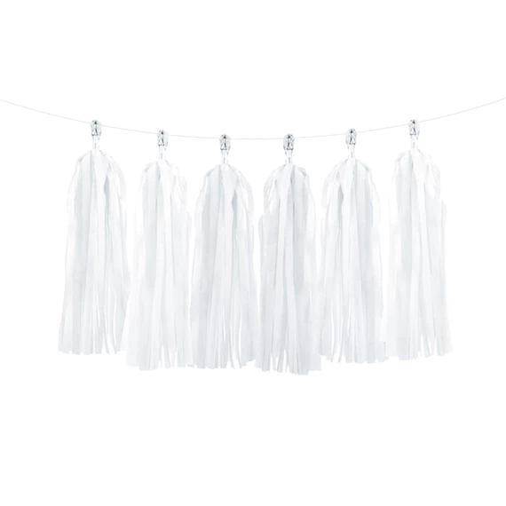 Girland bojtokkal, fehér, 30 cm x 1,5 m