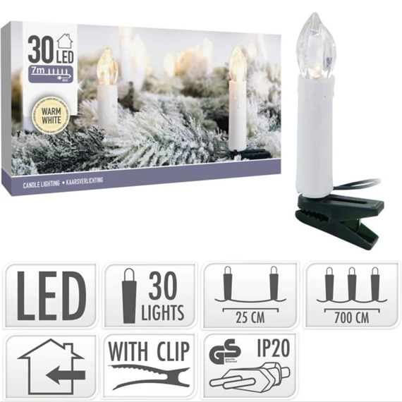 Gyertyafüzér adapterrel, csipeszes, 30 LED-es, beltéri 7 m