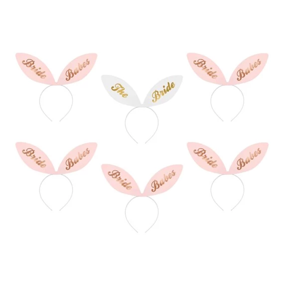 Fejpánt nyuszifüllel "Bride Babes" felirattal műanyag 29x25cm rózsaszín, fehér S/6