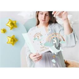 Kártya függő dekorációval bálna, világos tiffany kék, 14x20 cm