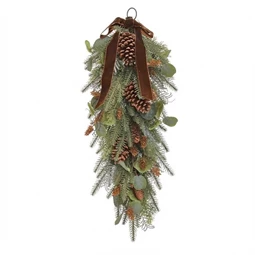 Selyemvirág fenyőág eukaliptusszal, tobozzal akasztós 90 cm