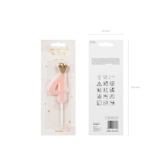 Szülinapi számgyertya koronával 4 paraffin 9,5cm rózsaszín