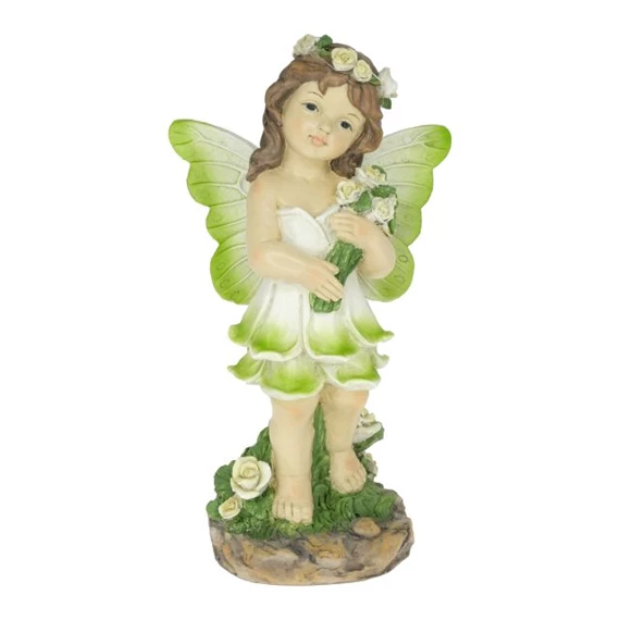 Tündér virág ruhában, csokorral álló, szolár, LED-es 17x11,5x30,5 cm